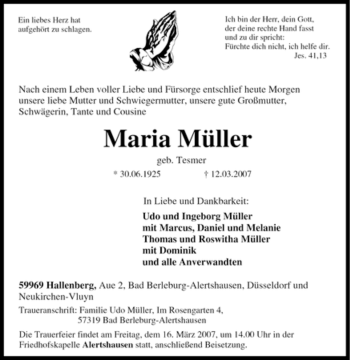 Traueranzeige von Maria Müller von Tageszeitung