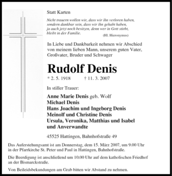 Traueranzeige von Rudolf Denis von Tageszeitung