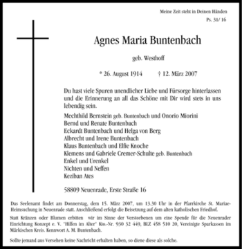 Traueranzeige von Agnes Maria Buntenbach von Tageszeitung