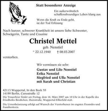 Traueranzeige von Christel Mettel von Tageszeitung