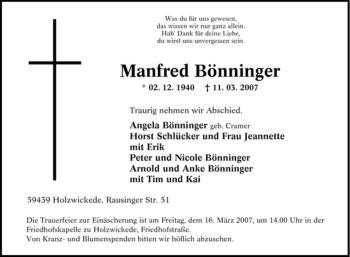 Traueranzeige von Manfred Bönninger von Tageszeitung