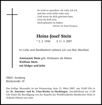 Traueranzeige von Heinz-Josef Stein von Tageszeitung