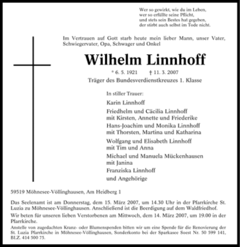 Traueranzeige von Wilhelm Linnhoff von Tageszeitung