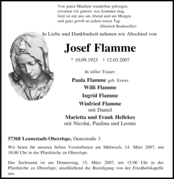 Traueranzeige von Josef Flamme von Tageszeitung