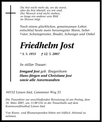 Traueranzeige von Friedhelm Jost von Tageszeitung