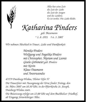 Traueranzeige von Katharina Pinders von Tageszeitung