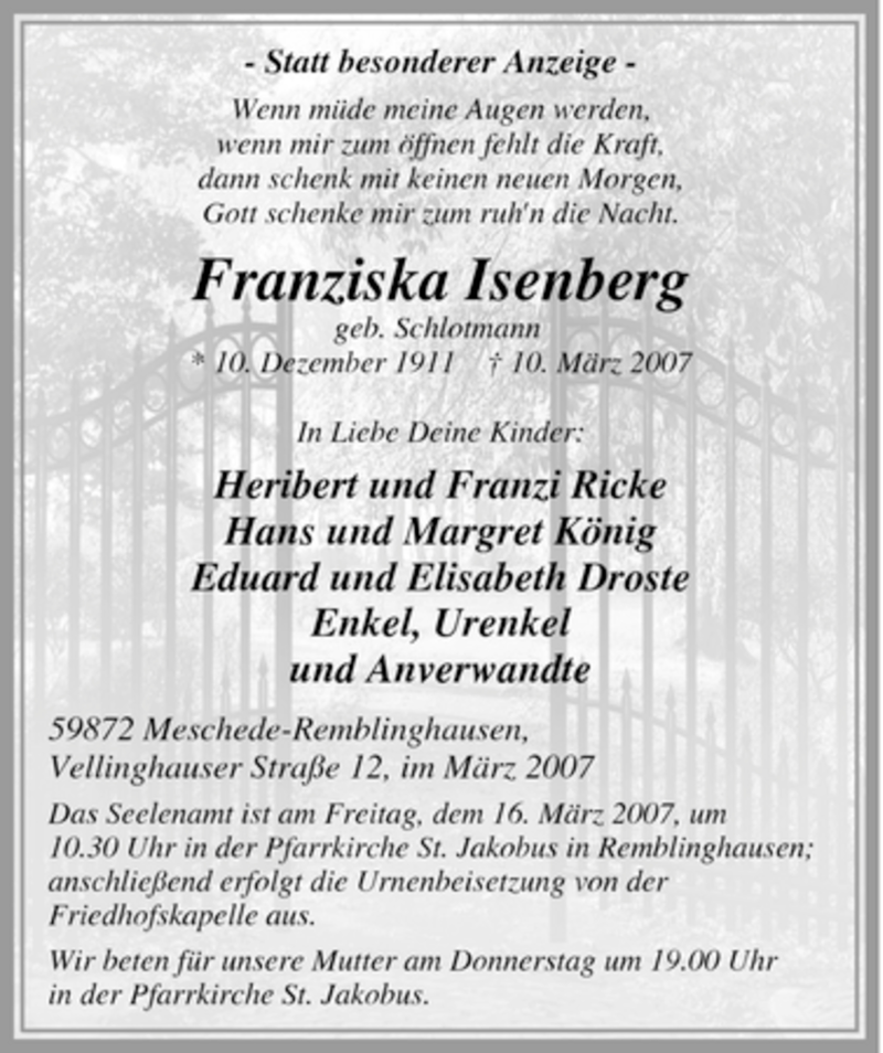  Traueranzeige für Franziska Isenberg vom 13.03.2007 aus Tageszeitung