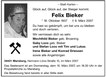 Traueranzeige von Felix Bieker von Tageszeitung