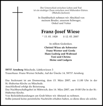Traueranzeige von Franz-Josef Wiese von Tageszeitung