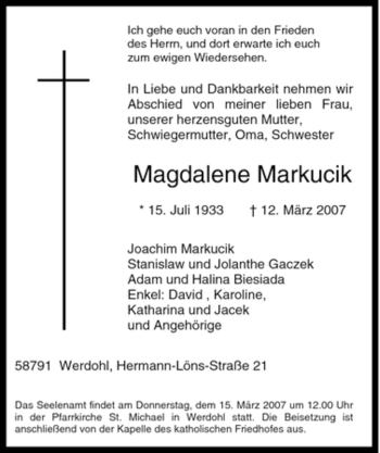 Traueranzeige von Magdalene Markucik von Tageszeitung
