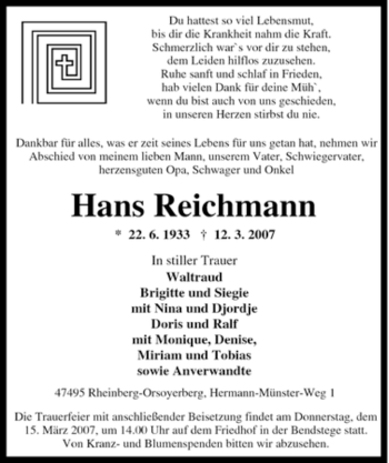 Traueranzeige von Hans Reichmann von Tageszeitung