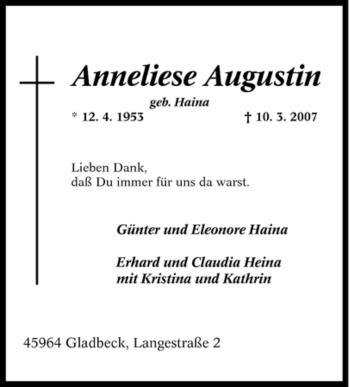 Traueranzeige von Anneliese Augustin von Tageszeitung