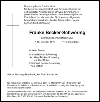 Traueranzeige von Frauke Becker-Schwering von Tageszeitung