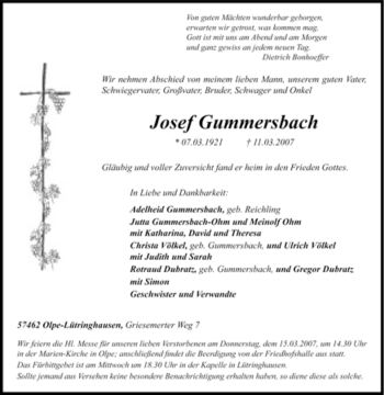 Traueranzeige von Josef Gummersbach von Tageszeitung