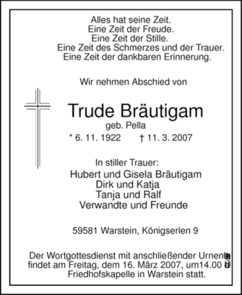 Traueranzeige von Trude Bräutigam von Tageszeitung