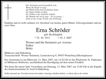 Traueranzeige von Erna Schröder von Tageszeitung