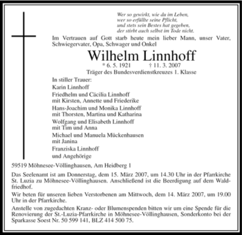 Traueranzeige von Wilhelm Linnhoff von Tageszeitung