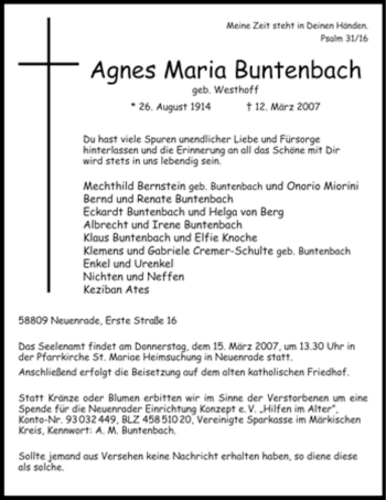 Traueranzeige von Agnes Maria Buntenbach von Tageszeitung