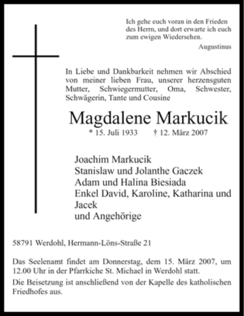 Traueranzeige von Magdalene Markucik von Tageszeitung
