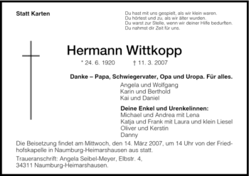 Traueranzeige von Hermann Wittkopp von Tageszeitung