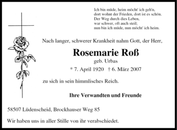 Traueranzeige von Rosemarie Roß von Tageszeitung