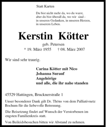 Traueranzeige von Kerstin Kötter von Tageszeitung
