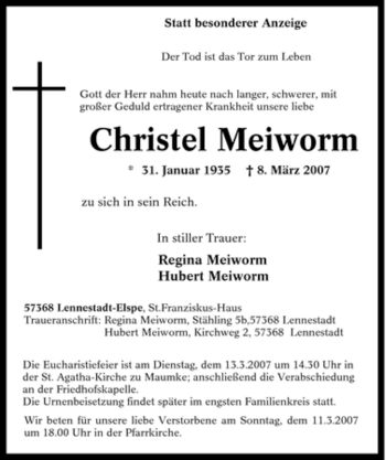 Traueranzeige von Christel Meiworm von Tageszeitung