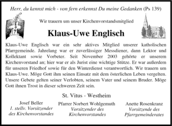 Traueranzeige von Klaus-Uwe Englisch von Tageszeitung