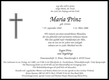 Traueranzeige von Maria Prinz von Tageszeitung