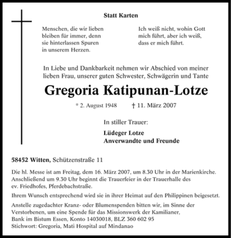  Traueranzeige für Gregoria Katipunan-Lotze vom 14.03.2007 aus Tageszeitung