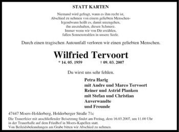 Traueranzeige von Wilfried Tervoort von Tageszeitung
