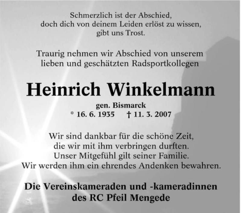  Traueranzeige für Heinrich Winkelmann vom 14.03.2007 aus Tageszeitung