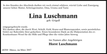 Traueranzeige von Lina Luschmann von Tageszeitung