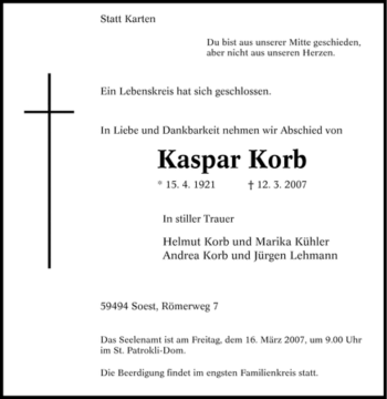 Traueranzeige von Kaspar Korb von Tageszeitung