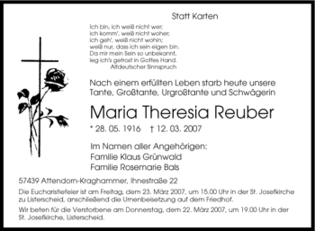 Traueranzeige von Maria Theresia Reuber von Tageszeitung