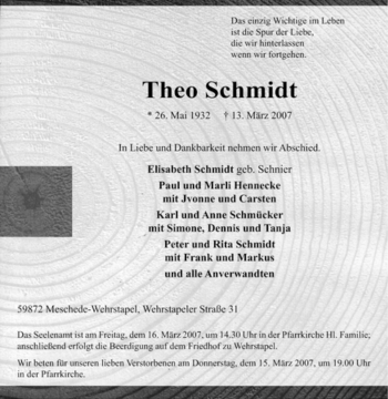 Traueranzeige von Theo Schmidt von Tageszeitung