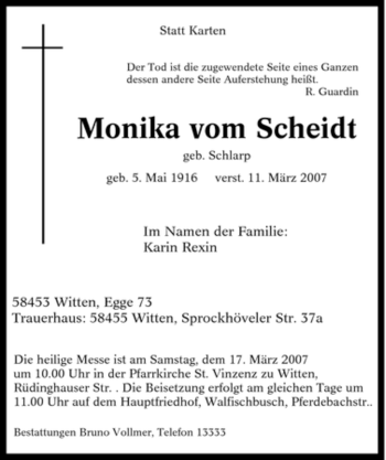 Traueranzeige von Monika vom Scheidt von Tageszeitung