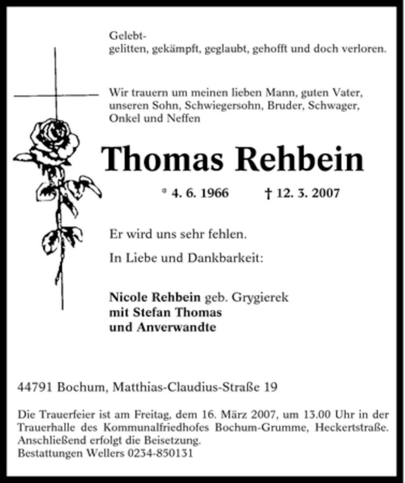  Traueranzeige für Thomas Rehbein vom 14.03.2007 aus Tageszeitung