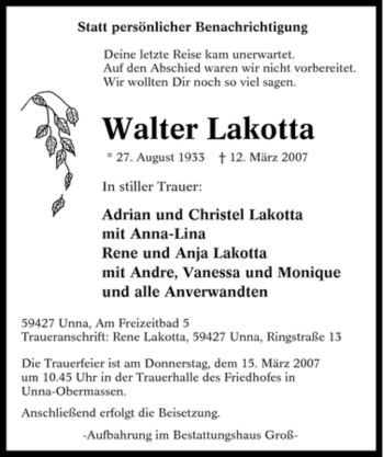 Traueranzeige von Walter Lakotta von Tageszeitung