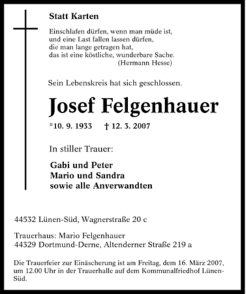 Traueranzeige von Josef Felgenhauer von Tageszeitung