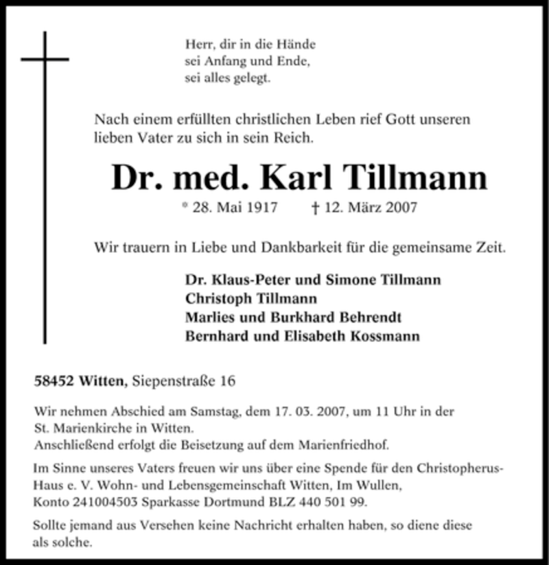 Traueranzeigen von Karl Tillmann TrauerinNRW.de