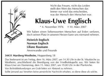 Traueranzeige von Klaus-Uwe Englisch von Tageszeitung