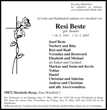 Traueranzeige von Resi Beste von Tageszeitung