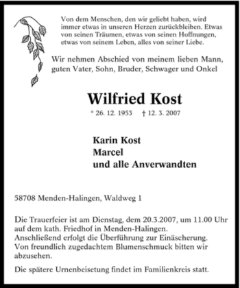 Traueranzeige von Wilfried Kost von Tageszeitung