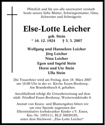 Traueranzeige von Else-Lotte Leicher von Tageszeitung