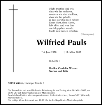 Traueranzeige von Wilfried Pauls von Tageszeitung