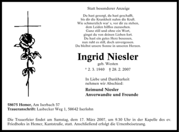 Traueranzeige von Ingrid Niesler von Tageszeitung
