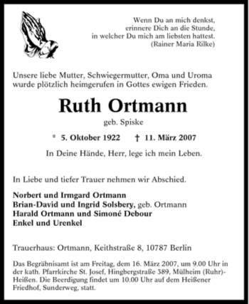 Traueranzeige von Ruth Ortmann von Tageszeitung