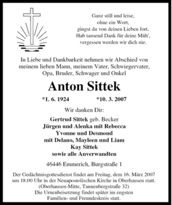 Traueranzeige von Anton Sittek von Tageszeitung