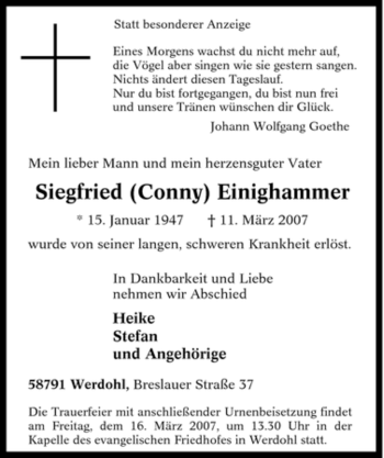 Traueranzeige von Siegfried Einighammer von Tageszeitung